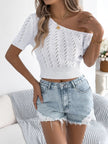 Openwork Single Shoulder Short Sleeve Knit Top - FLORENTINE IRIS