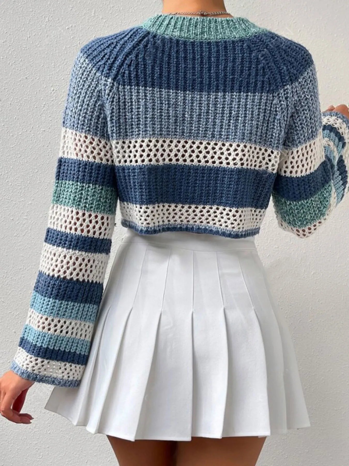 Openwork Striped Color Block Crop Sweater - FLORENTINE IRIS