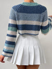 Openwork Striped Color Block Crop Sweater - FLORENTINE IRIS