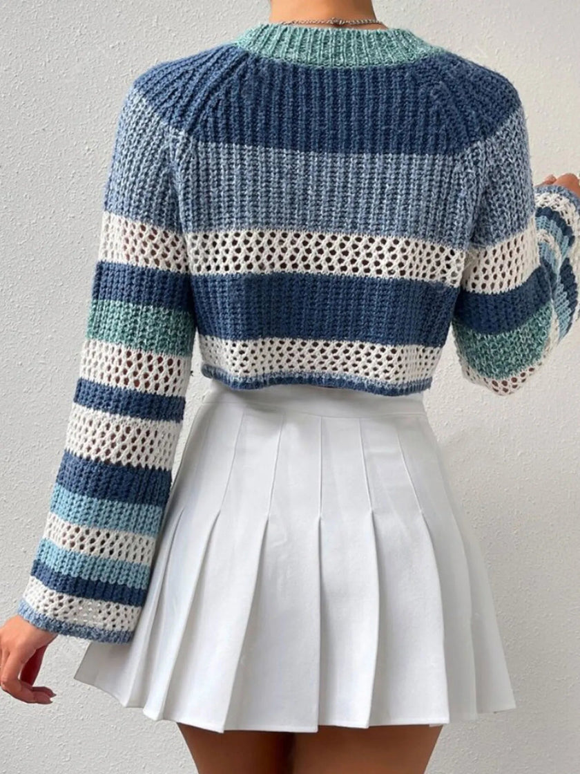 Openwork Striped Color Block Crop Sweater - FLORENTINE IRIS