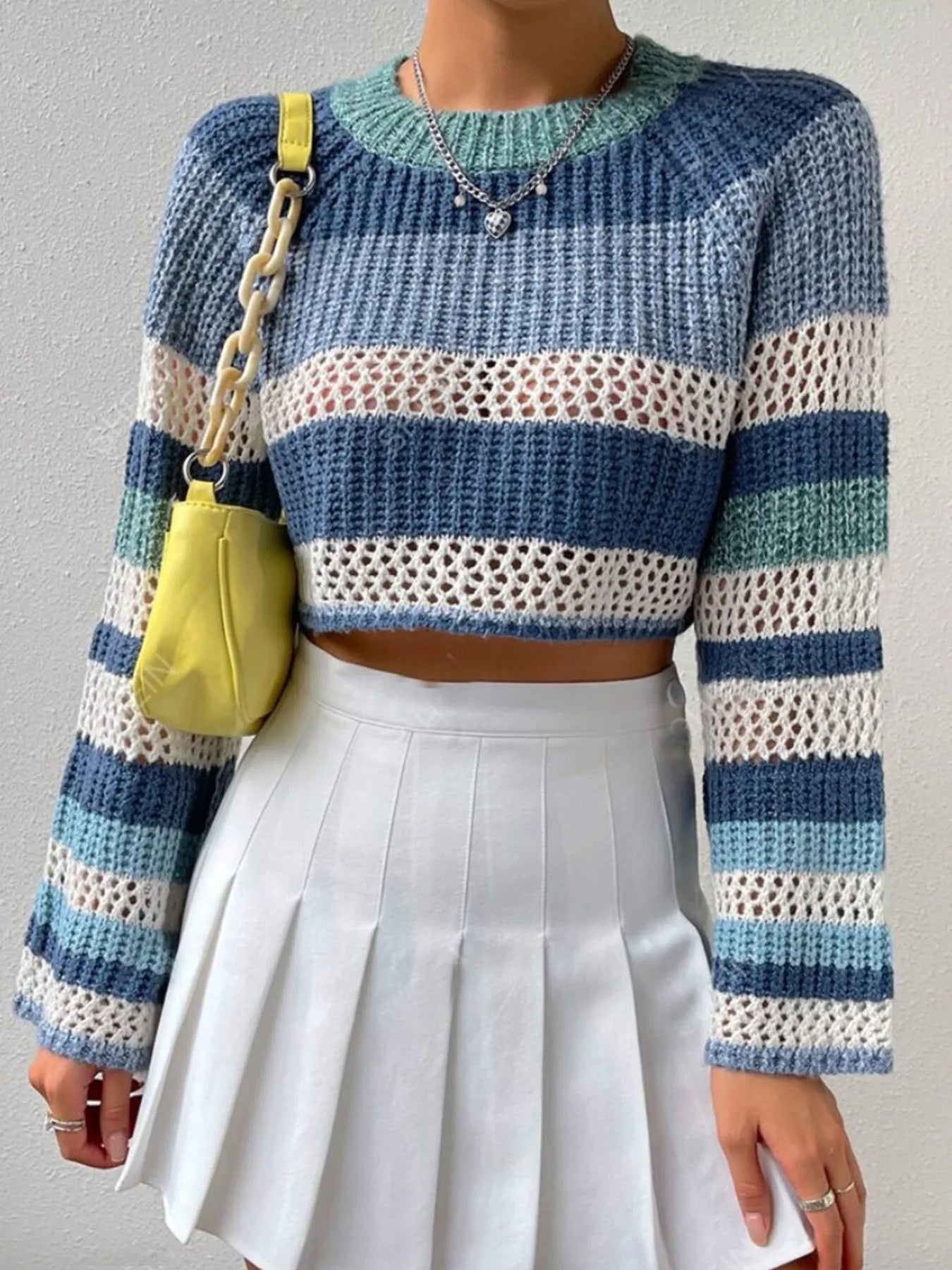 Openwork Striped Color Block Crop Sweater - FLORENTINE IRIS