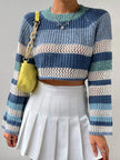 Openwork Striped Color Block Crop Sweater - FLORENTINE IRIS