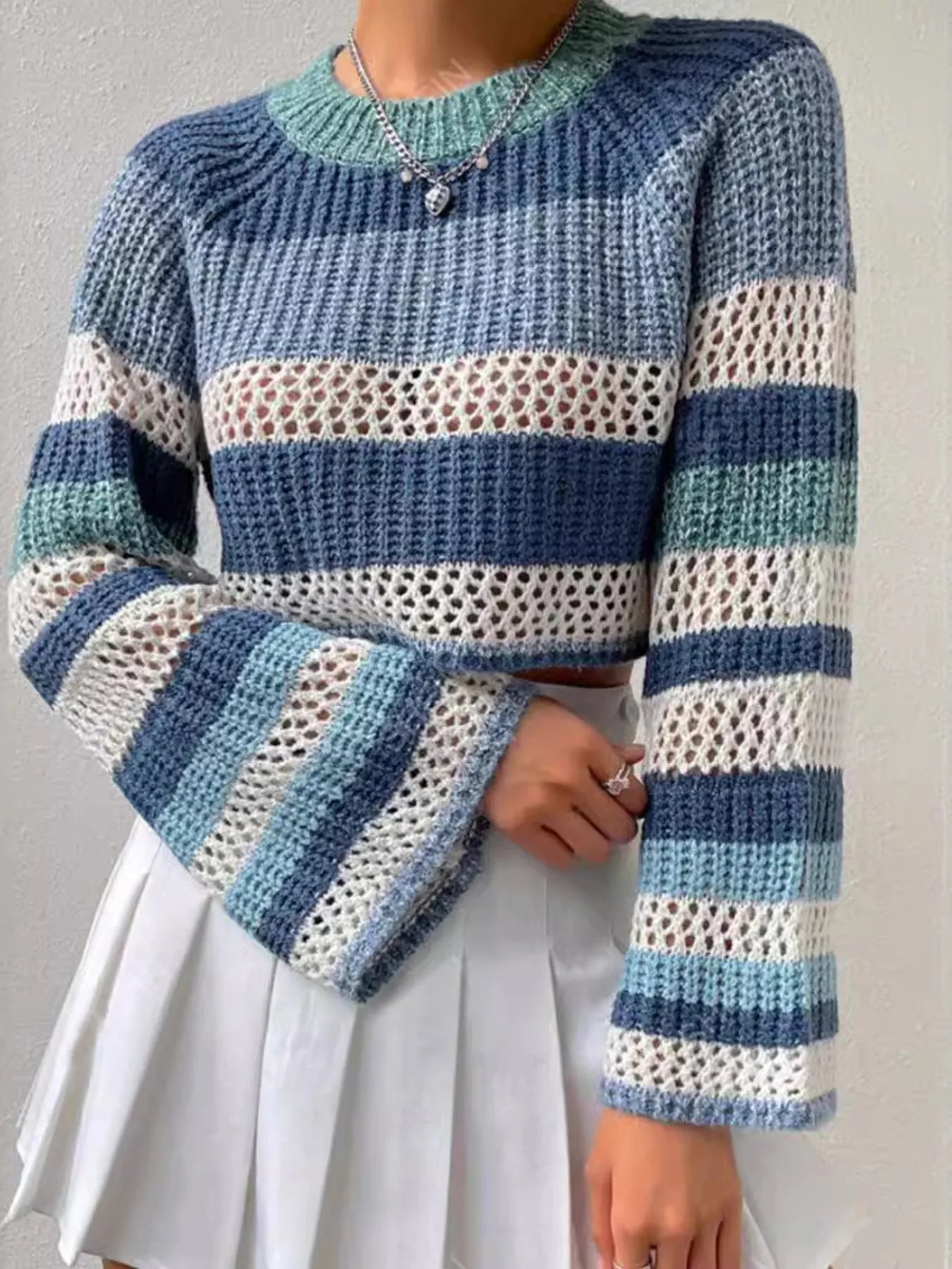 Openwork Striped Color Block Crop Sweater - FLORENTINE IRIS