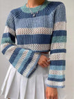 Openwork Striped Color Block Crop Sweater - FLORENTINE IRIS