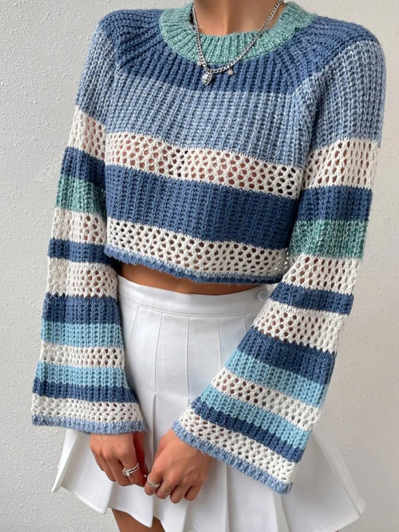 Openwork Striped Color Block Crop Sweater - FLORENTINE IRIS