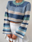 Openwork Striped Color Block Crop Sweater - FLORENTINE IRIS