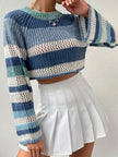Openwork Striped Color Block Crop Sweater - FLORENTINE IRIS