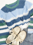 Openwork Striped Color Block Crop Sweater - FLORENTINE IRIS