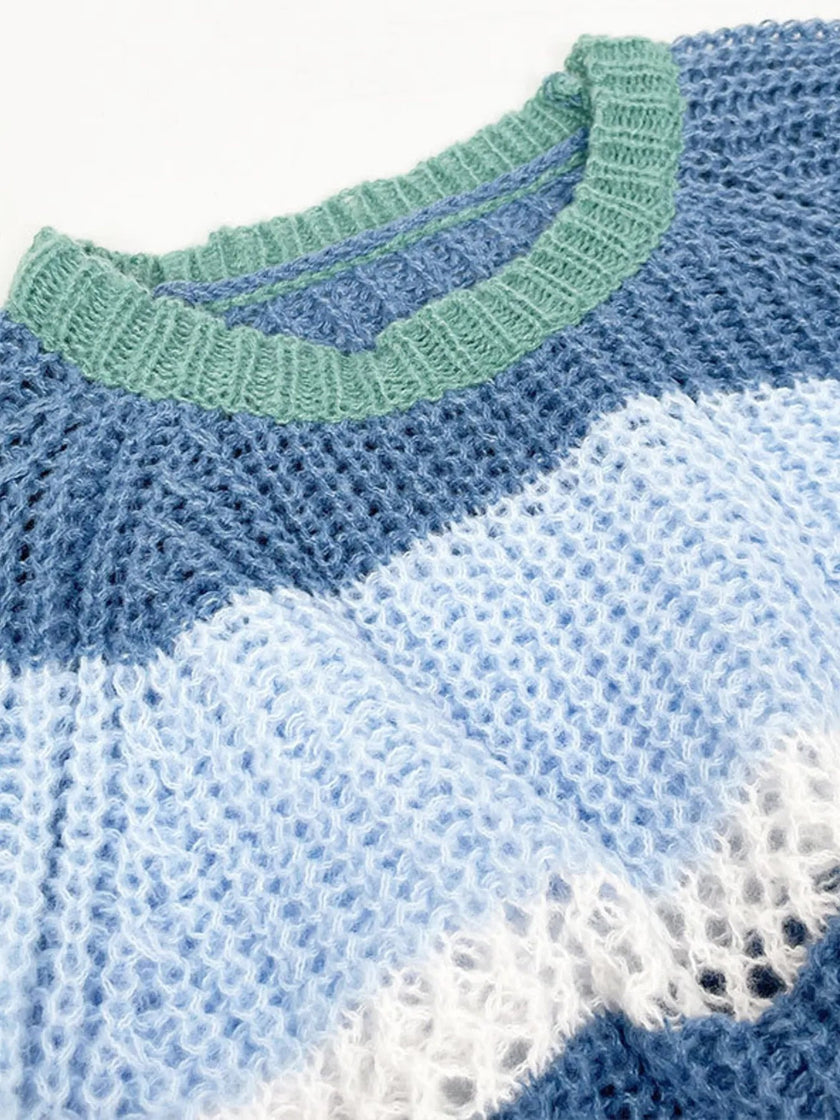 Openwork Striped Color Block Crop Sweater - FLORENTINE IRIS