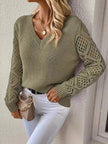 Openwork V - Neck Long Sleeve Sweater - FLORENTINE IRIS