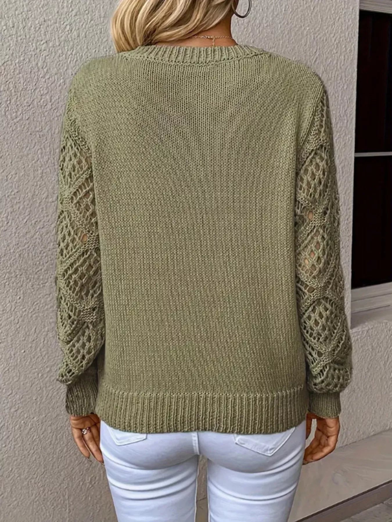 Openwork V - Neck Long Sleeve Sweater - FLORENTINE IRIS