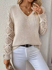 Openwork V - Neck Long Sleeve Sweater - FLORENTINE IRIS