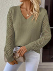 Openwork V - Neck Long Sleeve Sweater - FLORENTINE IRIS