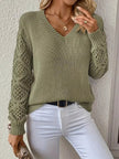 Openwork V - Neck Long Sleeve Sweater - FLORENTINE IRIS
