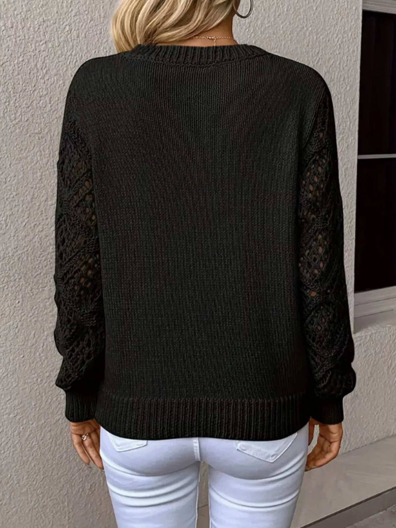 Openwork V - Neck Long Sleeve Sweater - FLORENTINE IRIS