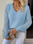Openwork V - Neck Long Sleeve Sweater - FLORENTINE IRIS