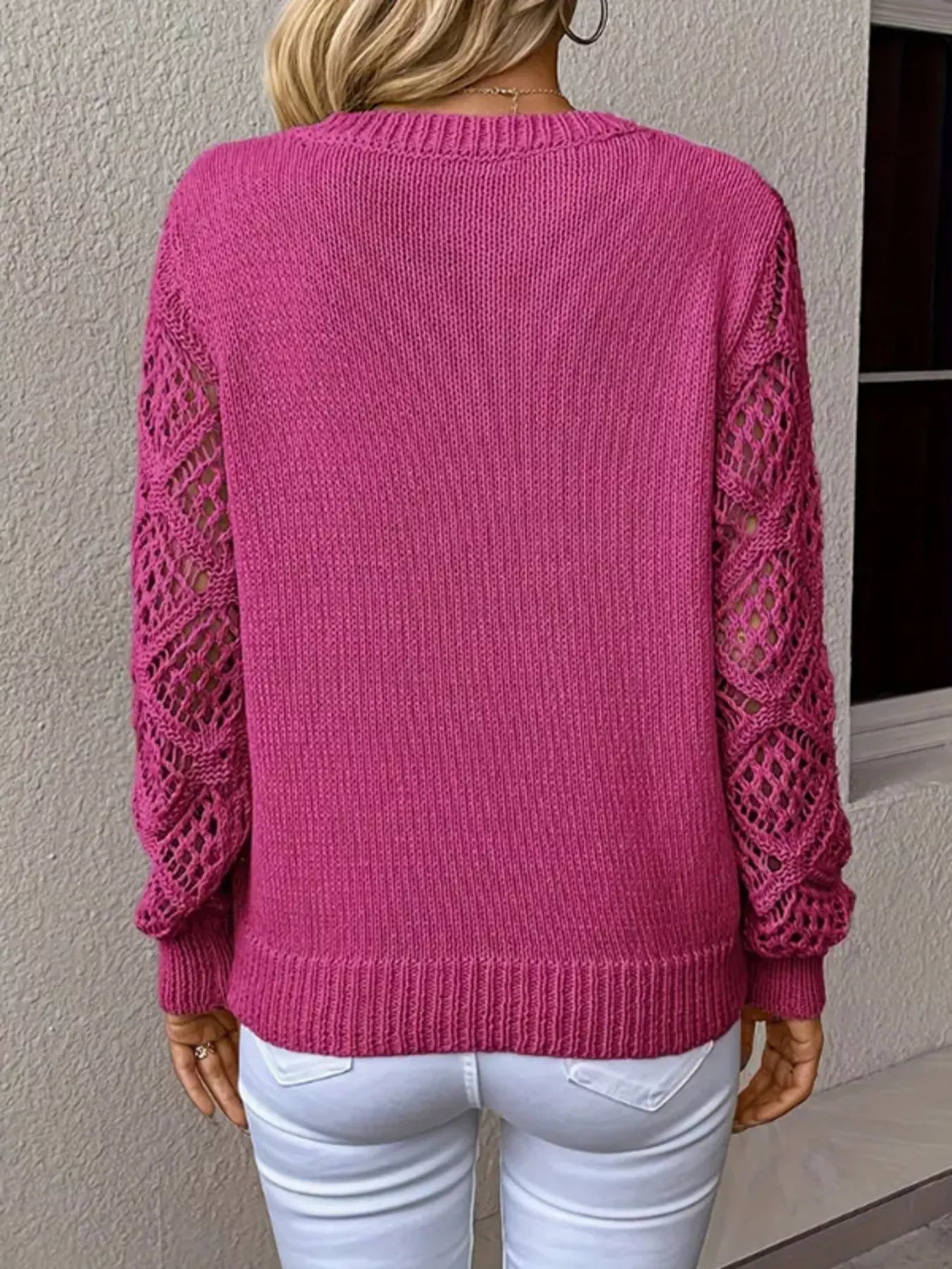 Openwork V - Neck Long Sleeve Sweater - FLORENTINE IRIS