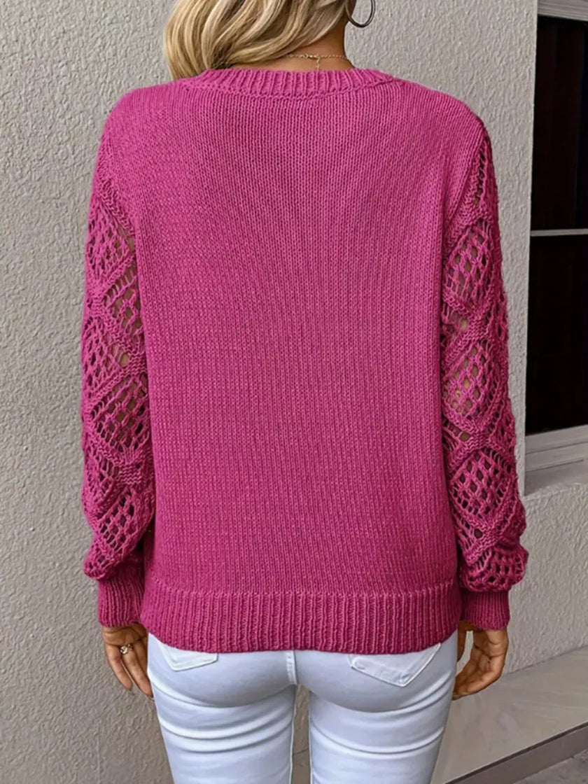 Openwork V - Neck Long Sleeve Sweater - FLORENTINE IRIS