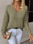 Openwork V - Neck Long Sleeve Sweater - FLORENTINE IRIS