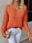 Openwork V - Neck Long Sleeve Sweater - FLORENTINE IRIS