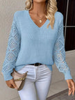 Openwork V - Neck Long Sleeve Sweater - FLORENTINE IRIS
