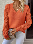 Openwork V - Neck Long Sleeve Sweater - FLORENTINE IRIS