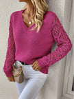 Openwork V - Neck Long Sleeve Sweater - FLORENTINE IRIS