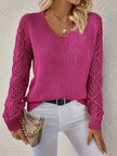 Openwork V - Neck Long Sleeve Sweater - FLORENTINE IRIS