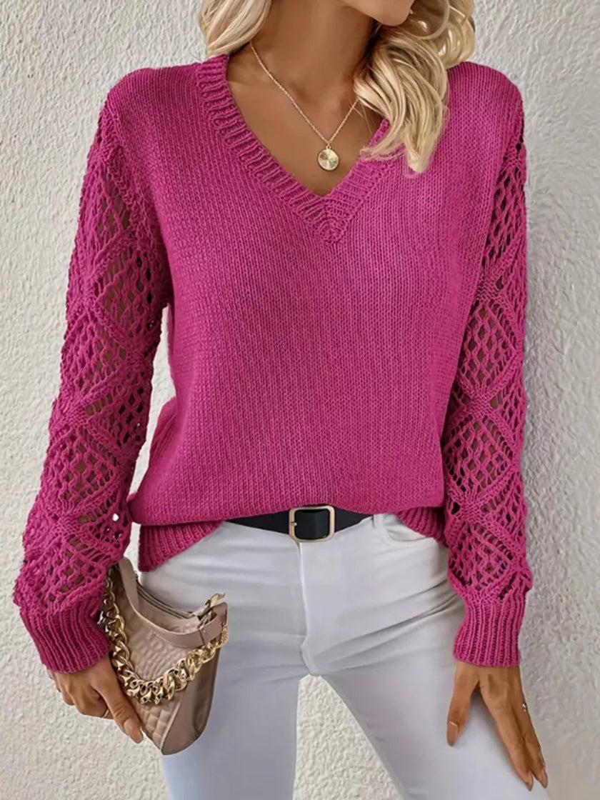 Openwork V - Neck Long Sleeve Sweater - FLORENTINE IRIS