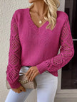 Openwork V - Neck Long Sleeve Sweater - FLORENTINE IRIS