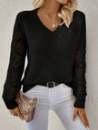 Openwork V - Neck Long Sleeve Sweater - FLORENTINE IRIS