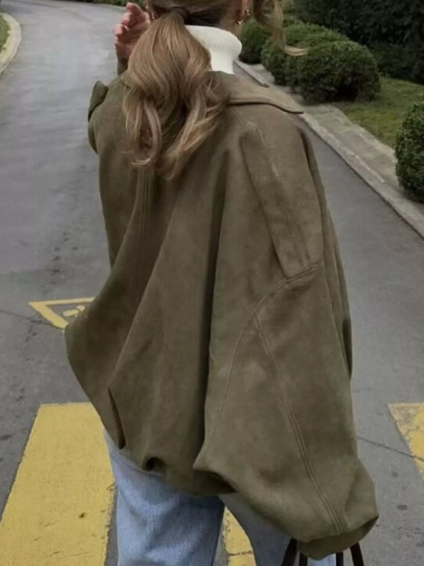 Oversized Zip Up Batwing Sleeve Casual Jacket - FLORENTINE IRIS