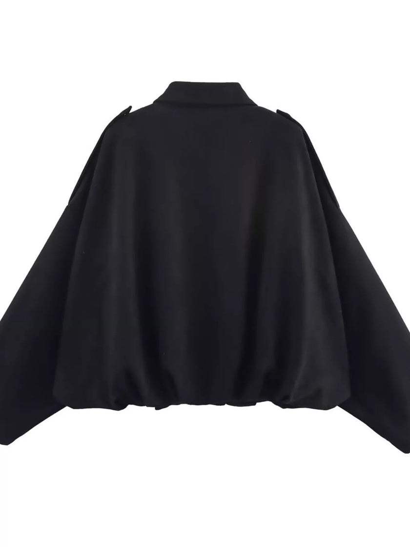 Oversized Zip Up Batwing Sleeve Casual Jacket - FLORENTINE IRIS