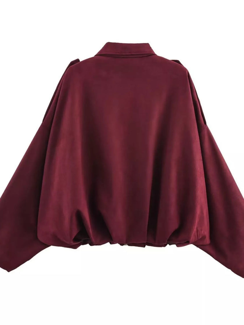 Oversized Zip Up Batwing Sleeve Casual Jacket - FLORENTINE IRIS