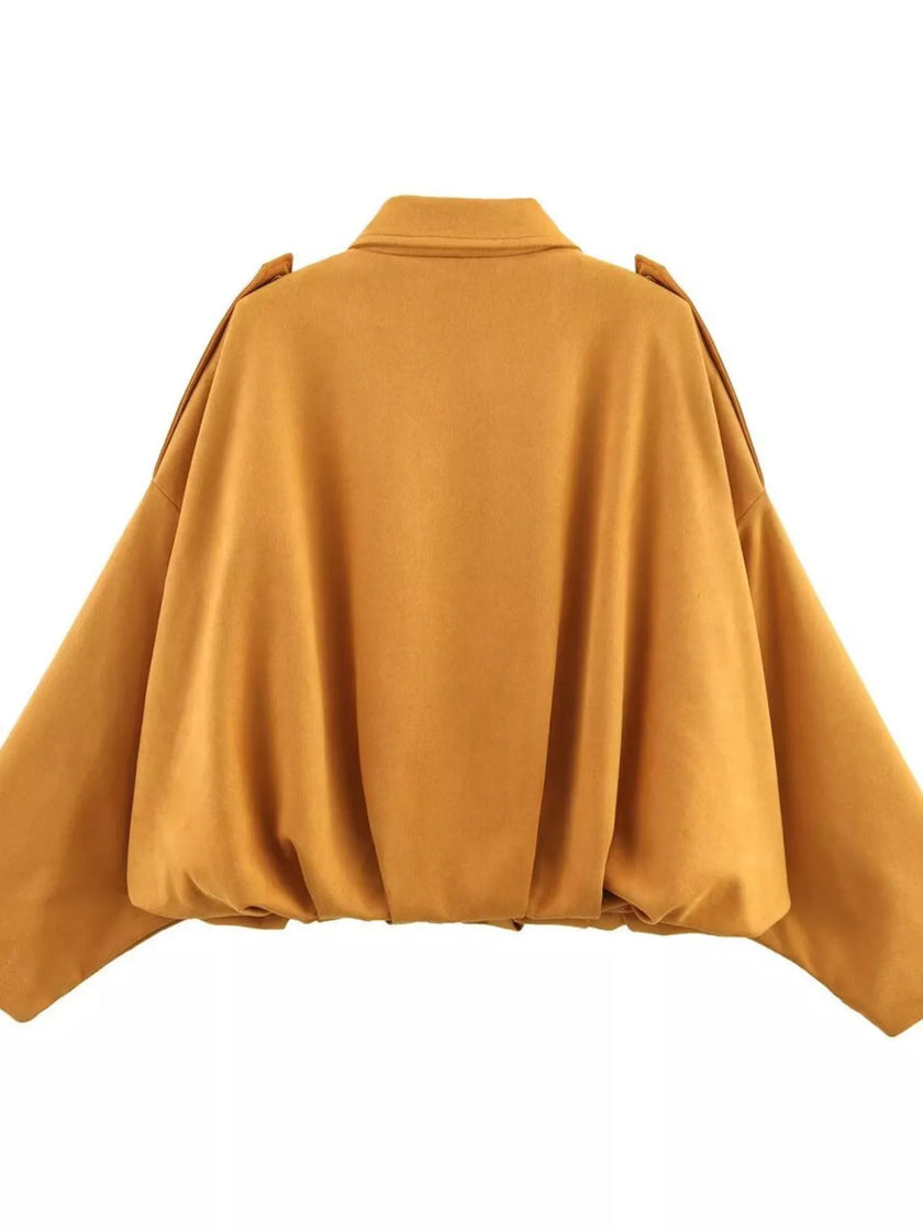 Oversized Zip Up Batwing Sleeve Casual Jacket - FLORENTINE IRIS