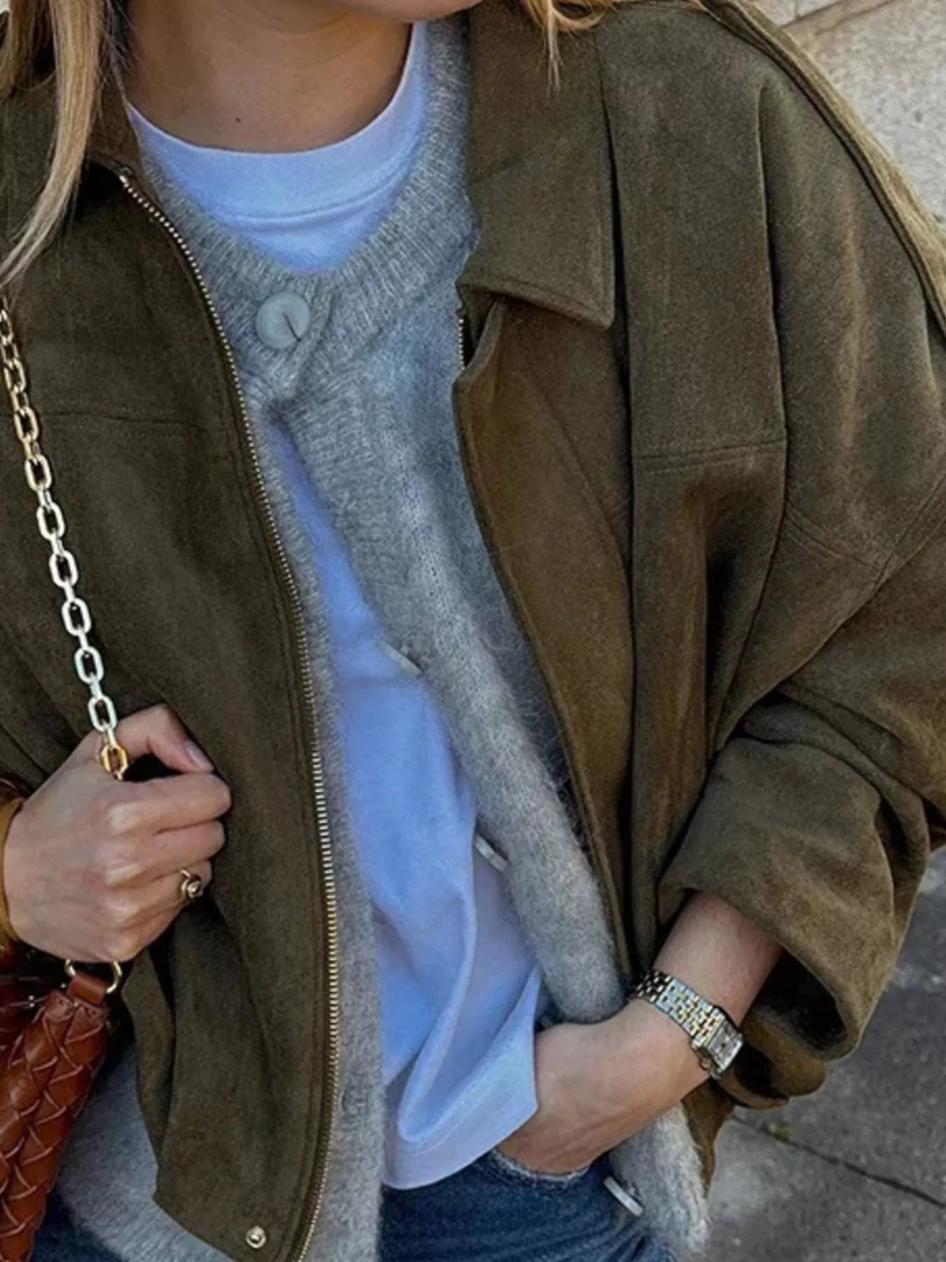 Oversized Zip Up Batwing Sleeve Casual Jacket - FLORENTINE IRIS