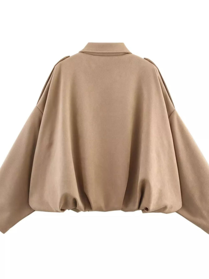 Oversized Zip Up Batwing Sleeve Casual Jacket - FLORENTINE IRIS