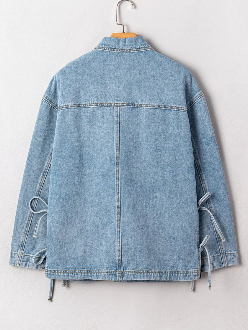 Patched Pockets Side Tie Denim Jacket - FLORENTINE IRIS