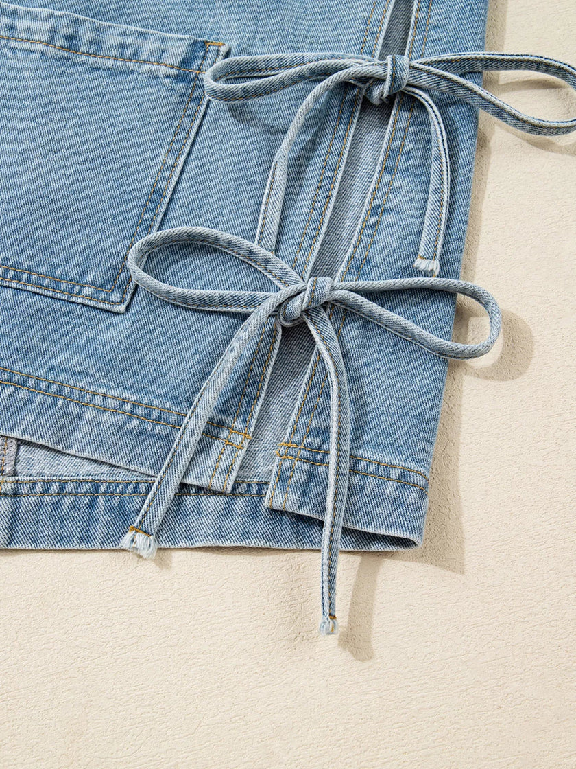 Patched Pockets Side Tie Denim Jacket - FLORENTINE IRIS