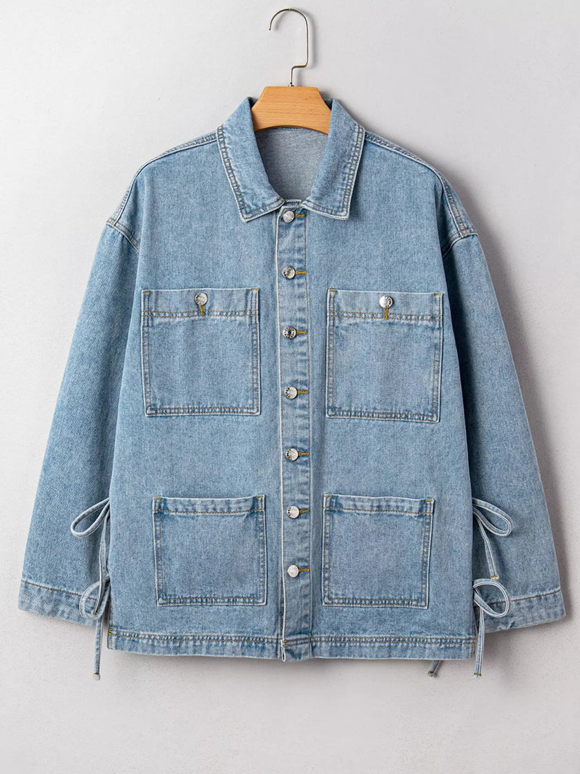 Patched Pockets Side Tie Denim Jacket - FLORENTINE IRIS