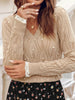 Pearl Beaded Pointelle Knit V Neck Lace Patchwork Sleeve Sweater - FLORENTINE IRIS