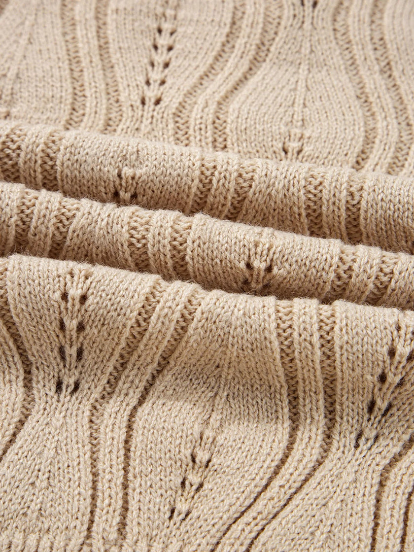 Pearl Beaded Pointelle Knit V Neck Lace Patchwork Sleeve Sweater - FLORENTINE IRIS