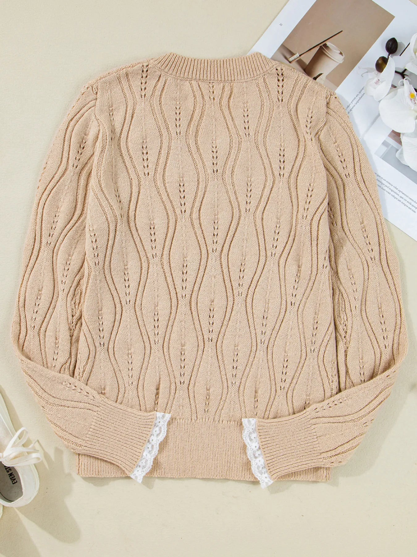 Pearl Beaded Pointelle Knit V Neck Lace Patchwork Sleeve Sweater - FLORENTINE IRIS