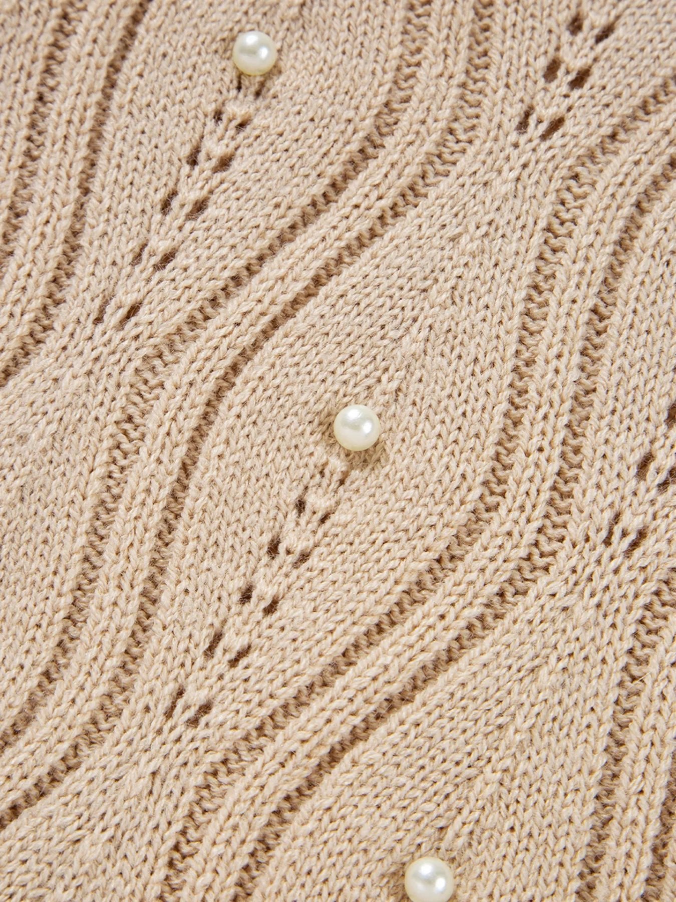 Pearl Beaded Pointelle Knit V Neck Lace Patchwork Sleeve Sweater - FLORENTINE IRIS