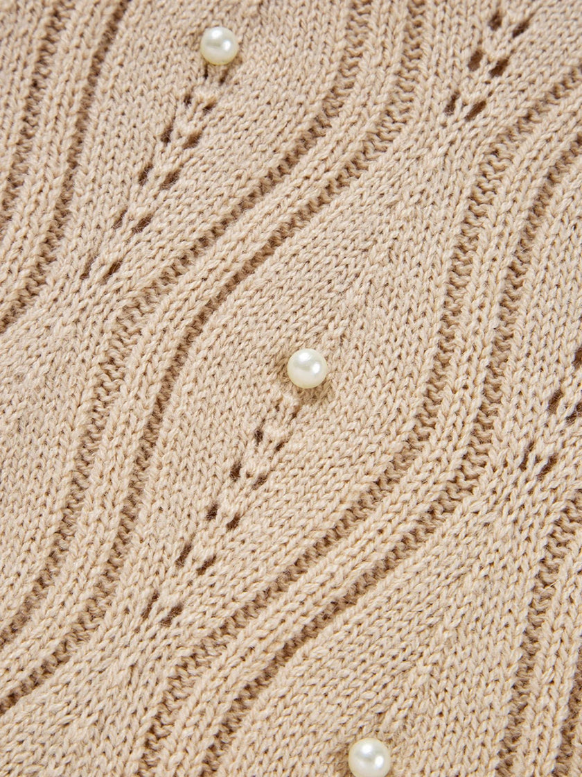 Pearl Beaded Pointelle Knit V Neck Lace Patchwork Sleeve Sweater - FLORENTINE IRIS