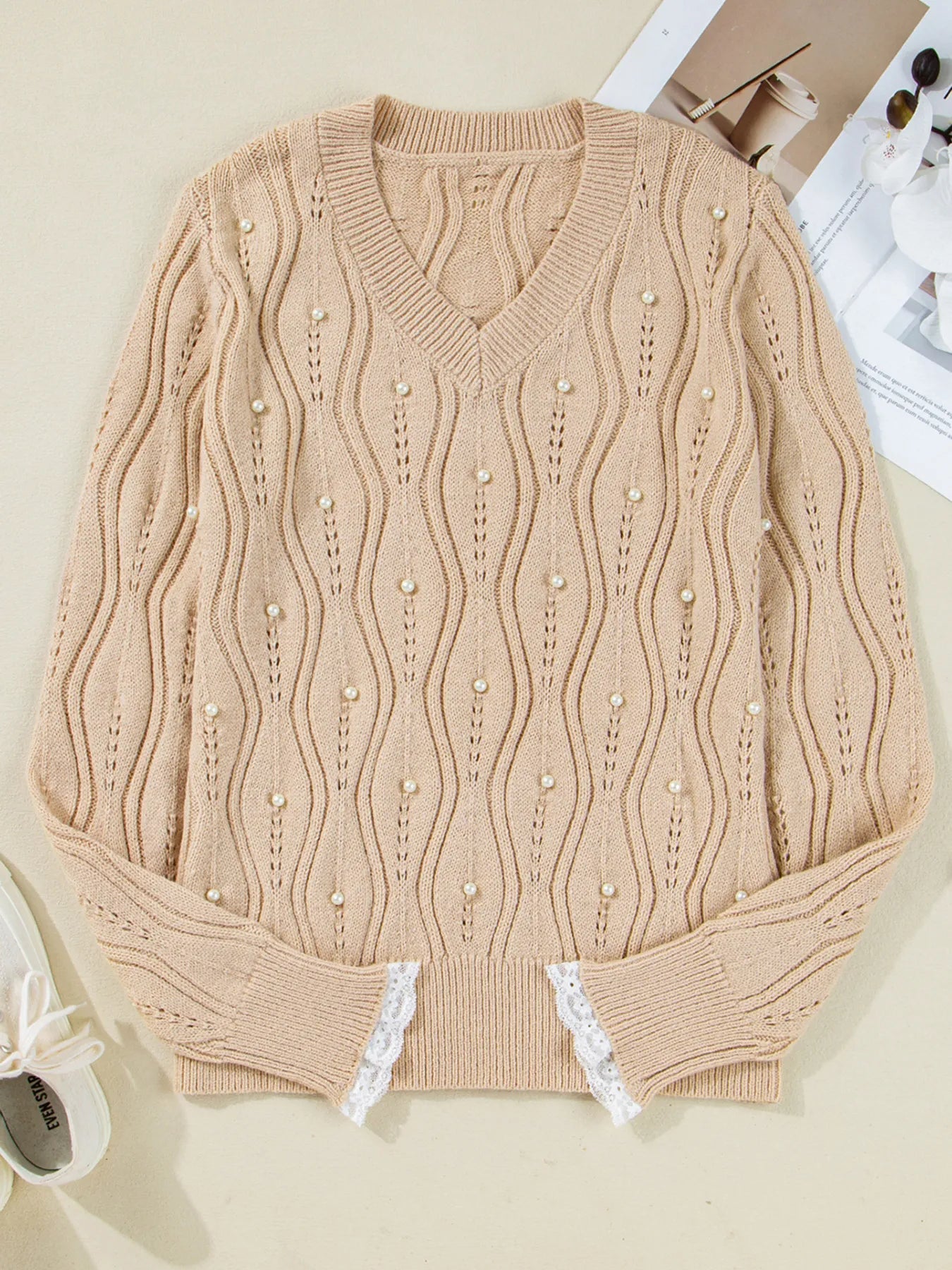 Pearl Beaded Pointelle Knit V Neck Lace Patchwork Sleeve Sweater - FLORENTINE IRIS