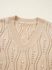 Pearl Beaded Pointelle Knit V Neck Lace Patchwork Sleeve Sweater - FLORENTINE IRIS