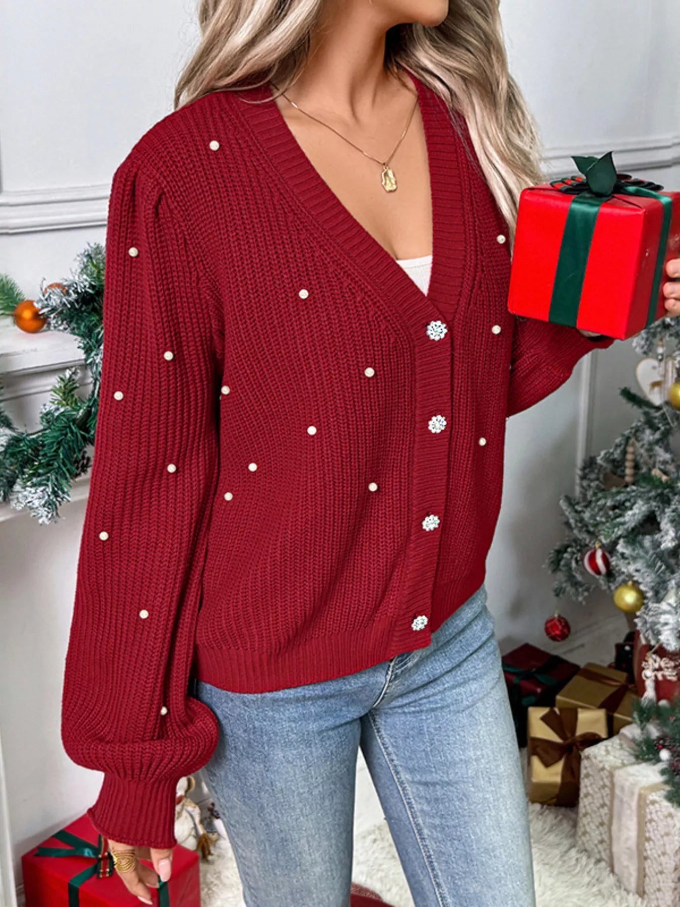 Pearl Embellished Button Up Cardigan - FLORENTINE IRIS