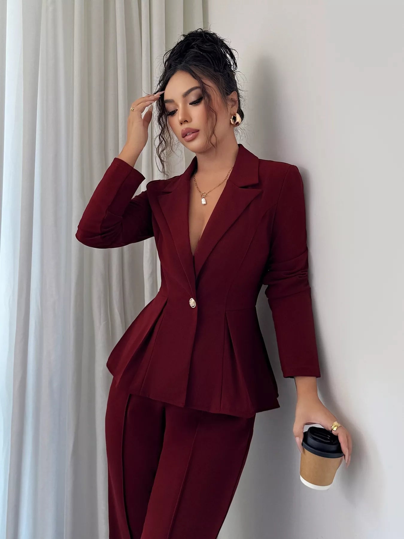 Peplum Blazer & Wide Leg Pants Set - FLORENTINE IRIS