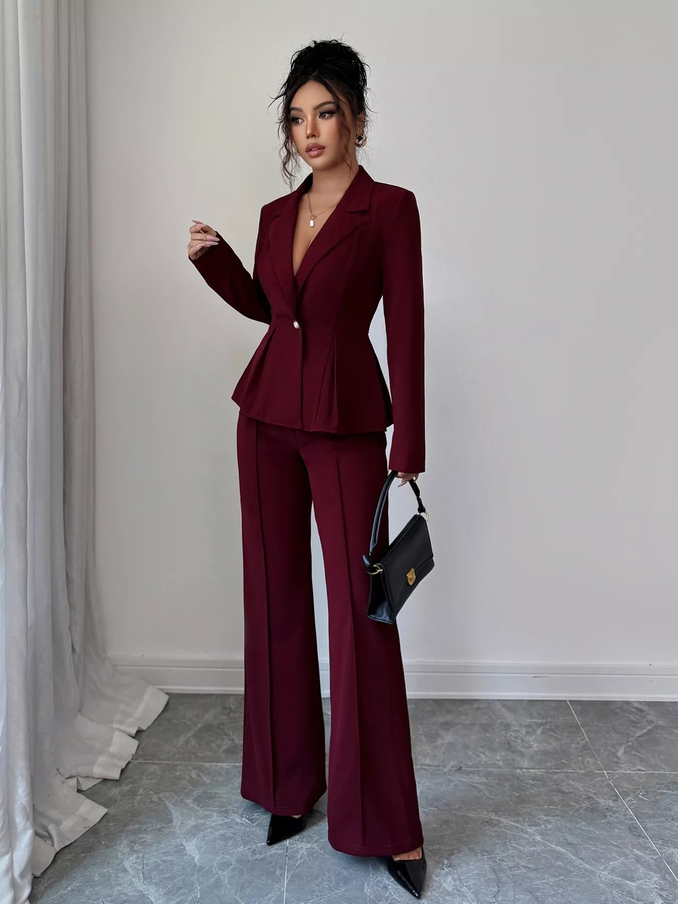 Peplum Blazer & Wide Leg Pants Set - FLORENTINE IRIS